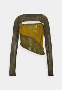 Striktop med lange ærmer, der har en blanding af olivengrøn og sennepsgul, kort design og åben ryg med teksturerede mønstre.