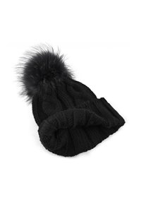 Berretto di maglia nero con un grande pom-pon in pelliccia nera sulla parte superiore. Presenta un design a treccia testurizzato e una fascia regolabile alla base.