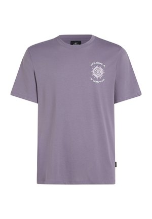 Paarse katoenen T-shirt met korte mouwen, ronde hals, voorzien van een witte spiraalgrafiek en merklogo aan de linkerkant.
