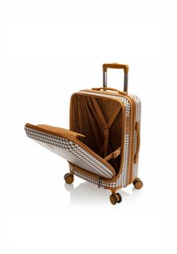 Valigia espandibile con motivo houndstooth, dettagli in tessuto marrone, quattro ruote e manico retrattile. Gli interni presentano cinghie per un'imballaggio sicuro.