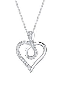 Silberner herzförmiger Anhänger mit einer Schlaufen-Design, teilweise mit kleinen runden Diamanten besetzt, der an einer silbernen Kette hängt.