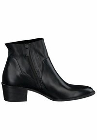 Bottine noire en cuir avec fermeture éclair latérale et petit talon bloc, bout pointu et finition lisse, montrée de profil tournée vers la droite.