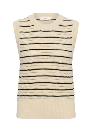 Bezrukávová pletená krémová vesta s horizontálnymi čiernymi a krémovými otvorenými pruhmi a rebrovaným lemom a výstrihom.