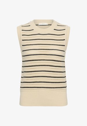 Bezrukávová pletená krémová vesta s horizontálnymi čiernymi a krémovými otvorenými pruhmi a rebrovaným lemom a výstrihom.