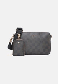 Black and brown checkered pattern bag with smooth texture, gold-tone hardware, and adjustable strap. Includes a matching small pouch.