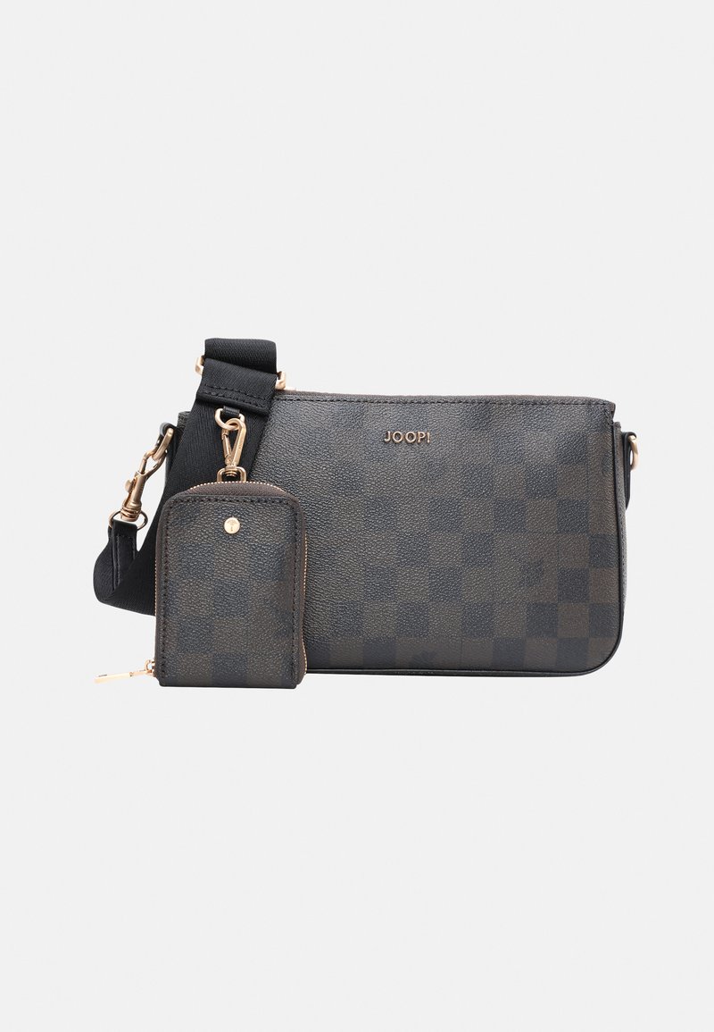 Black and brown checkered pattern bag with smooth texture, gold-tone hardware, and adjustable strap. Includes a matching small pouch.