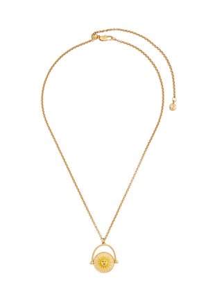 Kuldne kett-kaelakee, millel on ümmarguse päikeseväljaga ripats, mida ümbritseb dekoratiivne kõver kuldraam ja väikesed pärlmutteraktsendid.