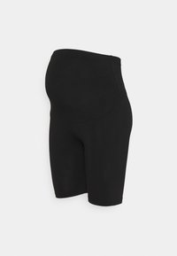 Shorts da ciclismo in maternità neri realizzati in tessuto elasticizzato, con una vita alta e supportiva e un design aderente, che termina sopra il ginocchio.