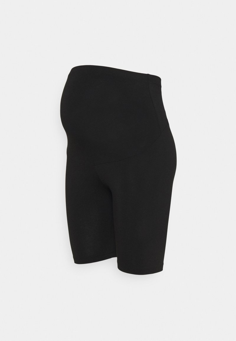 Shorts da ciclismo in maternità neri realizzati in tessuto elasticizzato, con una vita alta e supportiva e un design aderente, che termina sopra il ginocchio.
