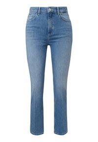 Jasnoniebieskie dżinsy z wysokim stanem, dopasowane, z prostymi nogawkami, wykonane z denimu, z przednimi kieszeniami i pojedynczym zapięciem na guzik.