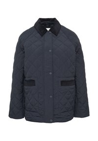 Veste matelassée en marine foncé avec un col en velours côtelé, des boutons-pression et deux poches avant avec des accents ribbed horizontaux.