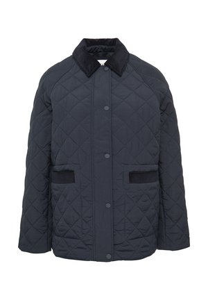 Veste matelassée en marine foncé avec un col en velours côtelé, des boutons-pression et deux poches avant avec des accents ribbed horizontaux.