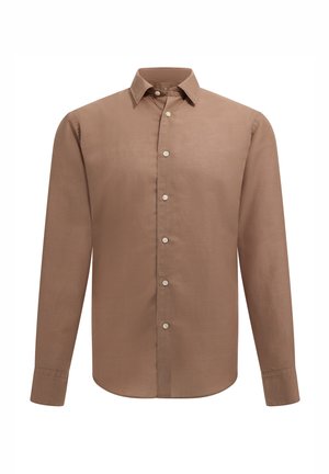 Brown long-sleeve shirt made of lightweight fabric, featuring a button-down collar and front buttons with a curved hemline.