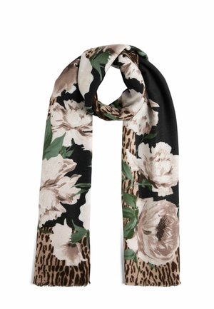 Écharpe fleurie mettant en valeur de grandes fleurs beiges et roses sur un fond noir avec des accents de motif léopard. Fabriquée en tissu doux et texturé.