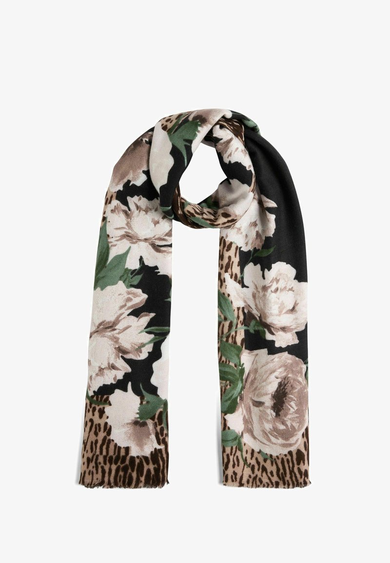Écharpe fleurie mettant en valeur de grandes fleurs beiges et roses sur un fond noir avec des accents de motif léopard. Fabriquée en tissu doux et texturé.