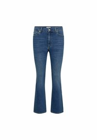 Modre flare jeans iz denima z visokim pasom, subtilnimi šivi in klasičnim pet-pocket dizajnom. Material: bombažna zmes.