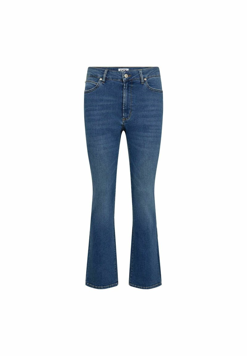 Modre flare jeans iz denima z visokim pasom, subtilnimi šivi in klasičnim pet-pocket dizajnom. Material: bombažna zmes.