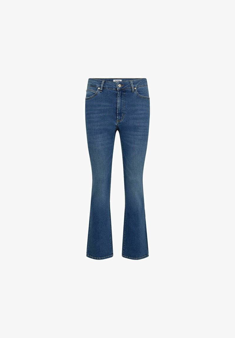 Modre flare jeans iz denima z visokim pasom, subtilnimi šivi in klasičnim pet-pocket dizajnom. Material: bombažna zmes.