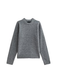 Pull en tricot gris, col rond, manches longues, fabriqué en un mélange de laine douce, avec des poignets et un ourlet côtelés, présentant une finition de texture moyenne.