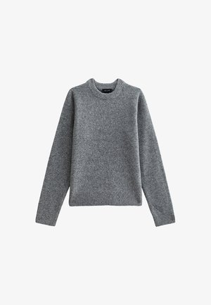 Grijze gebreide trui, ronde hals, lange mouwen, gemaakt van een zachte wolmix, met geribde manchetten en zoom, met een medium-textuur afwerking.