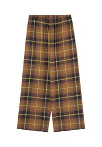 Pantalon ample à carreaux marron avec un motif à carreaux jaune et noir et une ceinture élastique sur fond blanc.