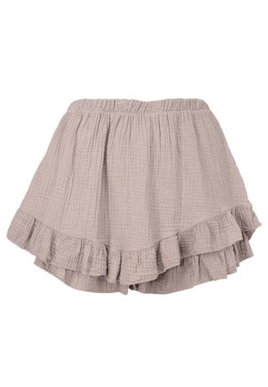 Hellgraue Baumwollshorts mit strukturiertem Stoff, ausgestattet mit einem rüschierten Saum und einem elastischen Bund für optimalen Komfort.