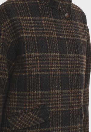 Wool coat in a dark check pattern with brown, black, and beige hues; features a high collar and a single button closure, textured finish.
