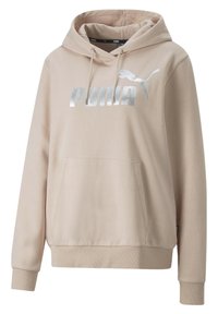 Sweat à capuche beige avec un logo "PUMA" argenté, poche kangourou, capuche à cordon de serrage, et poignets et ourlet côtelés. Tissu lisse avec un design décontracté.