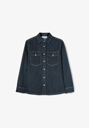Dunkelblaue Jeanshemd mit Knopfleiste, zwei Brusttaschen, silbernen Metallknöpfen und dezenten glitzernden Akzenten.
