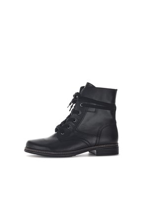 Black leather ankle boots with a rounded toe, lace-up design, padded collar, and textured sole. Features stitched accents along the edges.
