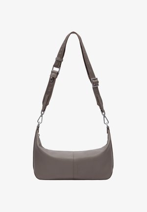 Taupefarbene Leder-Schultertasche mit verstellbarem Stoffriemen und Metallverschlüssen, entworfen für den lässigen und vielseitigen Alltagsgebrauch.