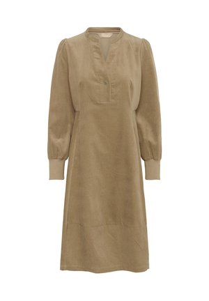 Vestido de canalé color caqui con escote de pliegue, dos detalles de botones, mangas largas abullonadas y acentos de puños acanalados. Tejido suave y texturizado.