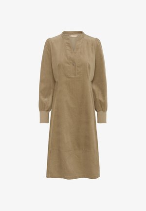 Khaki corduroy dress with a placket neckline, two button details, puffed long sleeves, and ribbed cuff accents. Smooth, textured fabric.