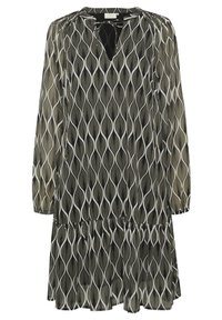 Zwart-witte lange mouw jurk met een v-hals en een gelaagde zoom. Heeft een golvend patroon en gerimpelde details bij de schouders.