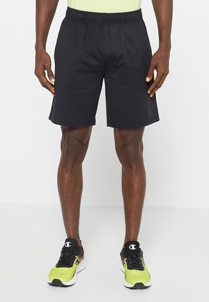 Czarne sportowe szorty z elastyczną talią, wykonane z lekkiego materiału, o prostym kroju i gładkiej fakturze.