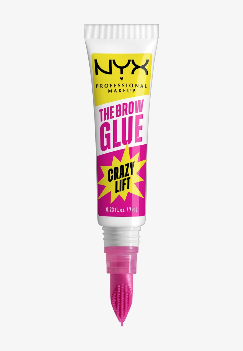 NYX Brow Glue in een witte tube met felle roze en gele accenten. Voorzien van een unieke applicatietip in de vorm van een kam. 7 mL formaat.