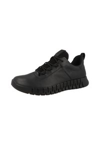 Black leather sneaker featuring a rounded toe, textured upper, lace-up closure, and a thick, segmented rubber sole.