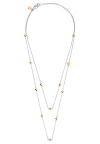 Zilverkleurige ketting met gouden kralen en schijfaccenten. Bevat twee gelaagde strengen, ingewikkelde schakels en een kreeftsluiting.