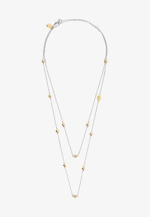 Collar de cadena en tono plateado con cuentas doradas y acentos de disco. Presenta dos capas de cadenas, eslabones intrincados y un cierre de langosta.