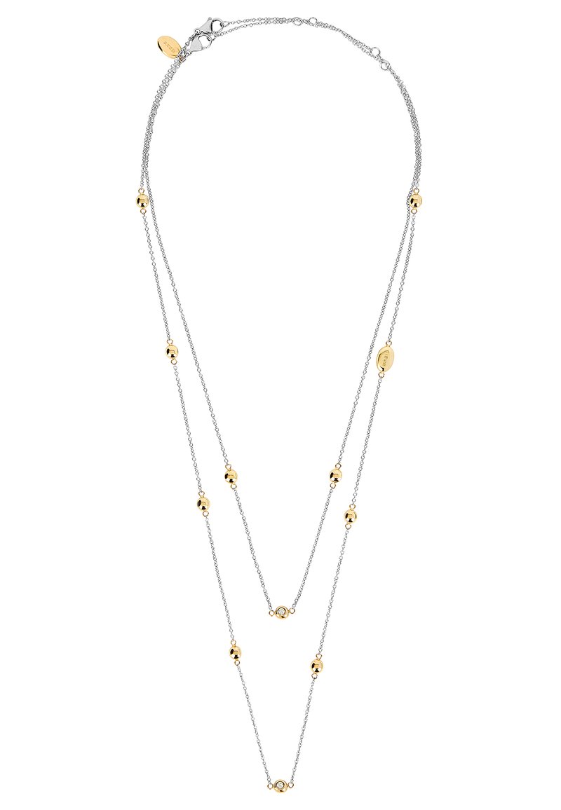Zilverkleurige ketting met gouden kralen en schijfaccenten. Bevat twee gelaagde strengen, ingewikkelde schakels en een kreeftsluiting.
