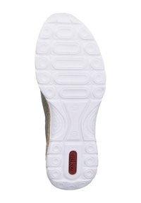 Soletta in gomma bianca con motivo testurizzato e grip circolari, con un accento marrone e il nome del marchio "rieker" in rosso.