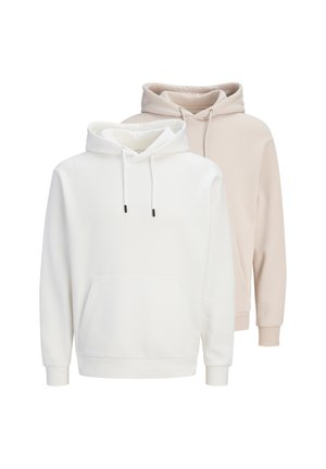 To ensfarvede hættetrøjer, en hvid foran og en beige bagpå, begge med snoretræk og forlommer.
