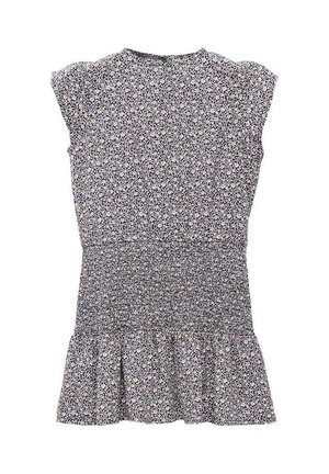 Blumen Kleid mit kurzen Kappärmeln, gerafftem Oberteil und Rüschensaum. Blauer Hintergrund, geschmückt mit kleinen weißen und gelben Blumen.