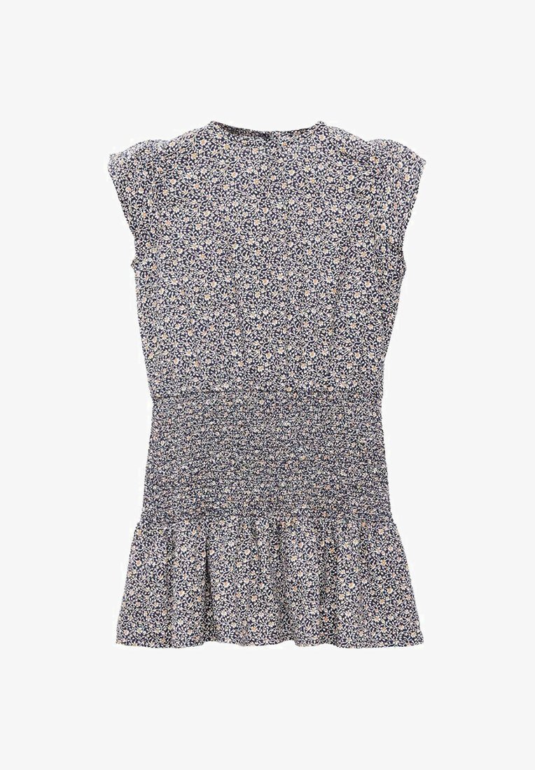 Cvetna obleka s kratkimi cap rokavi, nabranim korpusom in čipkastim robom. Modra podlaga okrašena z majhnimi belimi in rumenimi cvetovi.