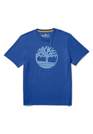 Niebieski T-shirt z krótkim rękawem, okrągłym dekoltem i dużym jasnoniebieskim stylizowanym logo drzewa na piersi.