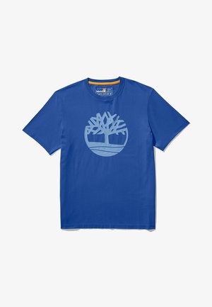 Niebieski T-shirt z krótkim rękawem, okrągłym dekoltem i dużym jasnoniebieskim stylizowanym logo drzewa na piersi.