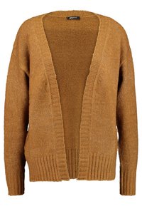 Senapsgul stickad kofta med öppen front, ribbade muddar och fåll, med ett texturerat vävmönster för extra djup.