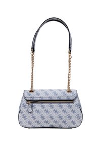 Sac à main bleu à motif avec une forme structurée, doté d'une bandoulière en chaîne, d'une poche avant zippée et d'accents en matériel doré. Matière texturée.