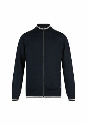 Marineblaue Zip-Hoodie mit hohem Kragen, weißen gestreiften Akzenten am Kragen und an den Bündchen, aus einem strukturierten Strickmaterial gefertigt.