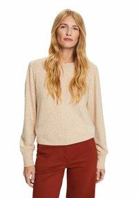 Top de manga larga texturizado en melocotón claro con cuello redondo y puños fruncidos, combinado con pantalones de color óxido. Tela suave y corte relajado.